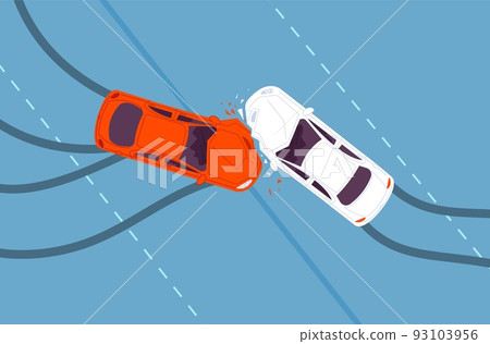 Car accident top view. Two crash cars above, road traffic collision angle intersection speed street driving auto insurance damage body vehicle Car accident top view. Two crash cars above, road traffic collision angle intersection speed street driving auto insurance damage body vehicle 93103956