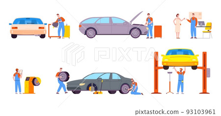 Car repair process. Auto repairman inspection and fix client automobile technical maintenance cars service, fitting tire lift assembly engine vehicle, splendid vector illustration Car repair process. Auto repairman inspection and fix client automobile technical maintenance cars service, fitting tire lift assembly engine vehicle, splendid vector illustration 93103961
