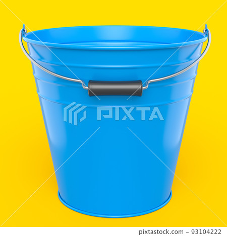 Empty metal garden bucket for hydration of plants isolated on yellow background Empty metal garden bucket for hydration of plants isolated on yellow background 93104222
