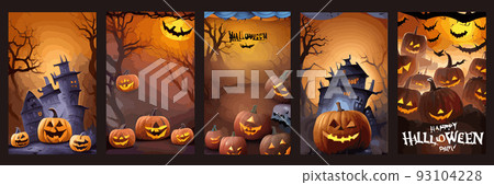 set vintage greeting cards posters scary gothic pumpkin dark tree branches, copy space ghostly mysterious vertical posters. Design template for advertising web social networks Halloween happy holiday 93104228