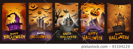 set vintage greeting cards posters scary gothic pumpkin dark tree branches, copy space ghostly mysterious vertical posters. Design template for advertising web social networks Halloween happy holiday 93104229