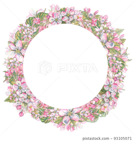 Round frame, a wreath of pink flowers and apple leaves. Watercolor illustration. For the design and decoration of wedding, spring, summer cards, posters, invitations, certificates. Round frame, a wreath of pink flowers and apple leaves. Watercolor illustration. For the design and decoration of wedding, spring, summer cards, posters, invitations, certificates. 93105071