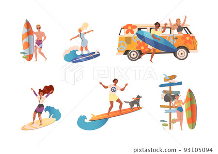 People Surfer on Surf Board Riding Moving Wave of Water Vector Set People Surfer on Surf Board Riding Moving Wave of Water Vector Set 93105094