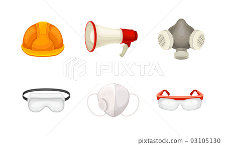 Safety Equipment with Hard Hat, Goggles and Respirator Mask for Construction and Industrial Work Vector Set 93105130