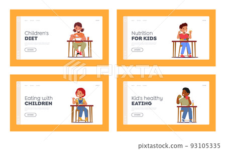 Kids Eat Food Landing Page Template Set. Little Girls and Boys Sitting at Table with Tasty Meals. Baby Characters Eating Kids Eat Food Landing Page Template Set. Little Girls and Boys Sitting at Table with Tasty Meals. Baby Characters Eating 93105335
