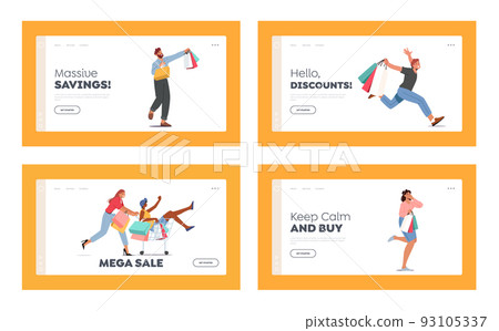 Store Sale Landing Page Template Set. People Run for Shopping. Excited Male and Female Characters Hurry to Buy Things 93105337