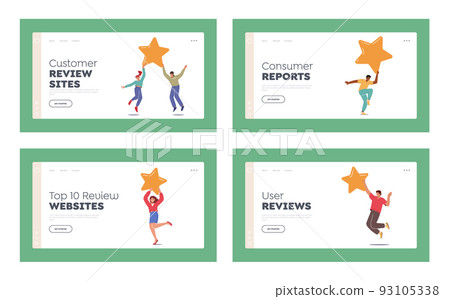Customer Review Sites Landing Page Template Set. Recommendation, User Rating Star. Man and Woman Hold Yellow Star 93105338