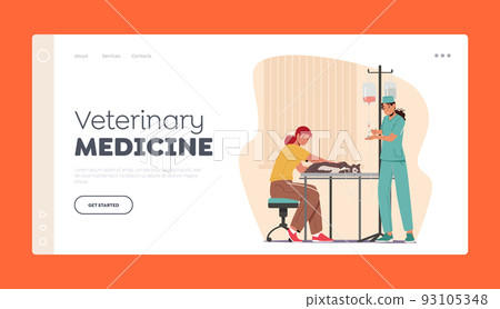 Veterinary Medicine Landing Page Template. Vet Clinic Doctor Insert Dropper to Cat Lying on Desk during Procedure 93105348