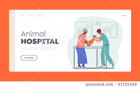 Animal Hospital, Health Care Landing Page Template. Old Woman Owner at Appointment In Veterinary Clinic with Doctor 93105349