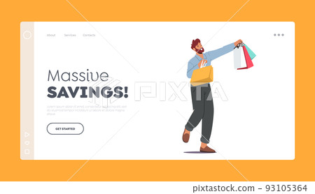 Massive Savings Landing Page Template. Shopaholic with Purchases in Paper Packs. Young Man Holding Shopping Bags Massive Savings Landing Page Template. Shopaholic with Purchases in Paper Packs. Young Man Holding Shopping Bags 93105364