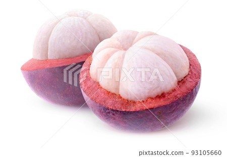 Two halves of mangosteen fruit, isolated on white background Two halves of mangosteen fruit, isolated on white background 93105660