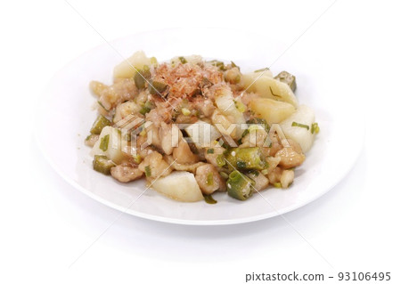 Stir-fried pork, okra, and Chinese yam, Japanese-style home cooking, bright background Stir-fried pork, okra, and Chinese yam, Japanese-style home cooking, bright background 93106495