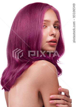 Beautiful girl with multi-colored hair and classic make-up and hairstyle. Beauty face. 93106549
