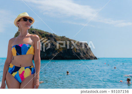 Swimsuit bathe color hat girl people fiolent cape cross coast, for beach jasper from ukraine and landscape coastline, travel stone. Europe religion adventure, 93107156