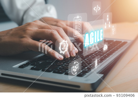 Agile development methodology concept, Business person hand typing keyboard with VR screen Agile icon on office, Technology concept. 93109406