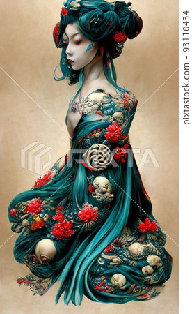 A fancy Japanese woman in unusual colorful magical clothing. Artistic abstract beautiful woman. Perfect for phone wallpaper or for posters. 3D rendering. 93110434