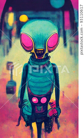 Love alien depicted in pink colors and cartoon style. Artistic abstract alien. Perfect for phone wallpaper or for posters. 93110617