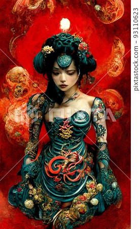 A fancy Japanese woman in unusual colorful magical clothing. Artistic abstract beautiful woman. Perfect for phone wallpaper or for posters. 3D rendering. A fancy Japanese woman in unusual colorful magical clothing. Artistic abstract beautiful woman. Perfect for phone wallpaper or for posters. 3D rendering. 93110623