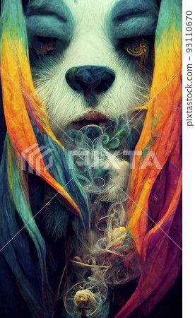 A fantasy Japanese panda rastaman with dreadlocks and with colorful colors, shrouded in clouds of colored smoke. Artistic abstract beautiful animal. Perfect for phone wallpaper or for posters. A fantasy Japanese panda rastaman with dreadlocks and with colorful colors, shrouded in clouds of colored smoke. Artistic abstract beautiful animal. Perfect for phone wallpaper or for posters. 93110670
