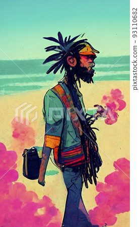 Abstract drawn Rastaman with dreadlocks and colorful clothes, on a summer beach. Rastaman Hiparian Concept. Perfect for phone wallpaper or for posters. Abstract drawn Rastaman with dreadlocks and colorful clothes, on a summer beach. Rastaman Hiparian Concept. Perfect for phone wallpaper or for posters. 93110682