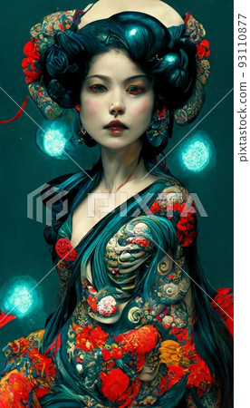 A fancy Japanese woman in unusual colorful magical clothing. Artistic abstract beautiful woman. Perfect for phone wallpaper or for posters. 3D rendering. 93110877
