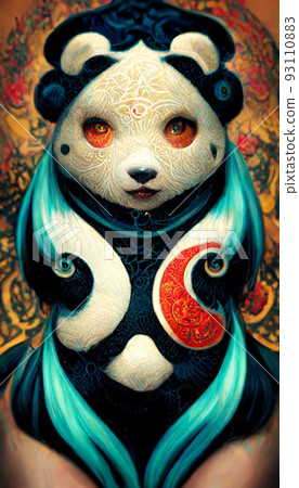 A fancy Japanese panda in unusual colorful magical clothing. Artistic abstract beautiful animal. Perfect for phone wallpaper or for posters. 3D rendering. 93110883