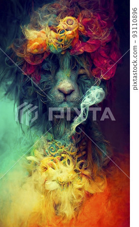 A fantasy lion rastaman with dreadlocks and with colorful colors, shrouded in clouds of colored smoke. Artistic abstract beautiful animal. Perfect for phone wallpaper or for posters. A fantasy lion rastaman with dreadlocks and with colorful colors, shrouded in clouds of colored smoke. Artistic abstract beautiful animal. Perfect for phone wallpaper or for posters. 93110896