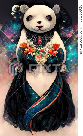 A fancy Japanese panda in unusual colorful magical clothing. Artistic abstract beautiful animal. Perfect for phone wallpaper or for posters. 3D rendering. A fancy Japanese panda in unusual colorful magical clothing. Artistic abstract beautiful animal. Perfect for phone wallpaper or for posters. 3D rendering. 93110926