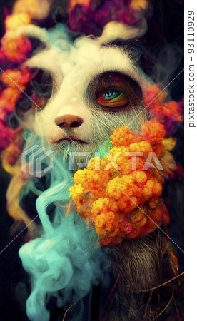 A fantasy Japanese panda rastaman with dreadlocks and with colorful colors, shrouded in clouds of colored smoke. Artistic abstract beautiful animal. Perfect for phone wallpaper or for posters. 93110929