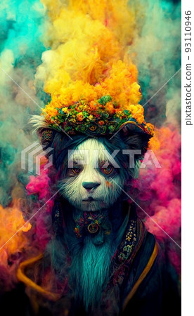 A fantasy Japanese panda rastaman with dreadlocks and with colorful colors, shrouded in clouds of colored smoke. Artistic abstract beautiful animal. Perfect for phone wallpaper or for posters. A fantasy Japanese panda rastaman with dreadlocks and with colorful colors, shrouded in clouds of colored smoke. Artistic abstract beautiful animal. Perfect for phone wallpaper or for posters. 93110946