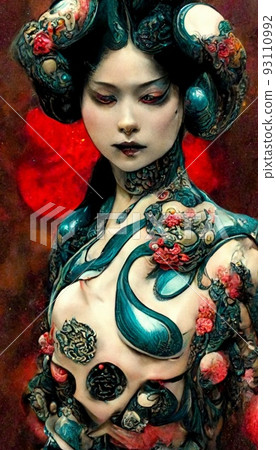 A fancy Japanese woman in unusual colorful magical clothing. Artistic abstract beautiful woman. Perfect for phone wallpaper or for posters. 3D rendering. 93110992