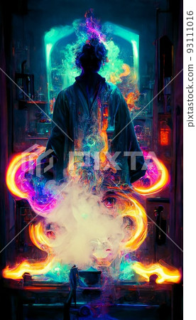 A futuristic cyberpunk man emerges from a smoky portal. A high-tech man from the future. The concept of virtual reality and cyberpunk. Perfect for phone wallpaper or for posters. 93111016