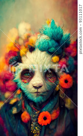 A fantasy Japanese panda in the midst of colorful flowers in a magical enchanted place. Artistic abstract beautiful animal. Perfect for phone wallpaper or for posters. 93111017