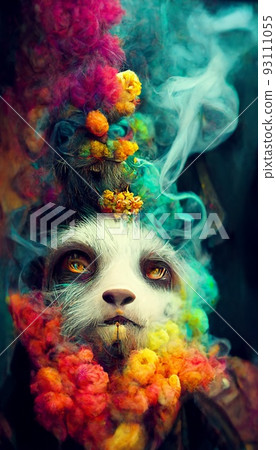 A fantasy Japanese panda rastaman with dreadlocks and with colorful colors, shrouded in clouds of colored smoke. Artistic abstract beautiful animal. Perfect for phone wallpaper or for posters. 93111055