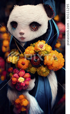 A fantasy Japanese panda in the midst of colorful flowers in a magical enchanted place. Artistic abstract beautiful animal. Perfect for phone wallpaper or for posters. 3D Rendering. A fantasy Japanese panda in the midst of colorful flowers in a magical enchanted place. Artistic abstract beautiful animal. Perfect for phone wallpaper or for posters. 3D Rendering. 93111295