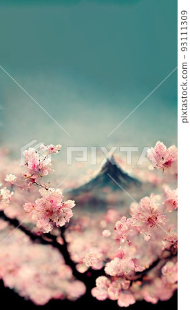 Cherry blossoms against a background of mountains and blue sky. An abstract drawing. Perfect for phone wallpaper or for posters. 93111309