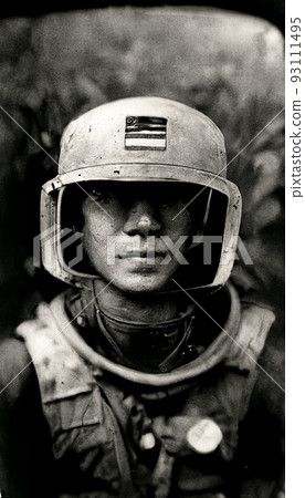 Vintage photograph of a future soldier in a dense jungle. Artistic abstract fiction. Future-soldier concept. Perfect for phone wallpaper or for posters. 3D rendering. Vintage photograph of a future soldier in a dense jungle. Artistic abstract fiction. Future-soldier concept. Perfect for phone wallpaper or for posters. 3D rendering. 93111495
