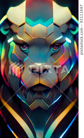 Royal surrealistic abstract chrome multicolored tiger. Growling tiger made of metal. Concept of the hunter. Perfect for phone wallpaper or for posters. 3d rendering Royal surrealistic abstract chrome multicolored tiger. Growling tiger made of metal. Concept of the hunter. Perfect for phone wallpaper or for posters. 3d rendering 93111697