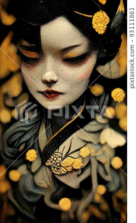 A fancy Japanese woman in unusual colorful magical clothing. Artistic abstract beautiful woman. Perfect for phone wallpaper or for posters. 3D rendering. 93111861