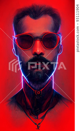 Portrait of a cyber-hipster wearing sunglasses. Stylish hipster with sunglasses. Stylized drawing in red and black tones. Perfect for phone wallpaper or for posters. 93111904
