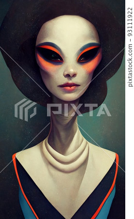 Portrait of alien woman with glitter make up looking at camera. Artistic abstract beautiful alien. Perfect for phone wallpaper or for posters. 93111922