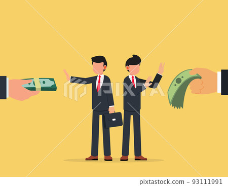 two businessmen refusing hand refusing the offered bribe for company corruption. two businessmen refusing hand refusing the offered bribe for company corruption. 93111991