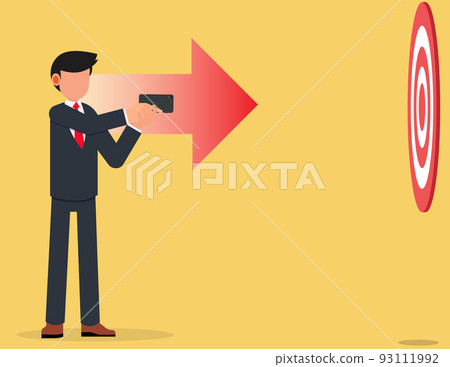 Businessman holding a mobile phone as a pistol aimed at the target.Flat vector illustration Businessman holding a mobile phone as a pistol aimed at the target.Flat vector illustration 93111992