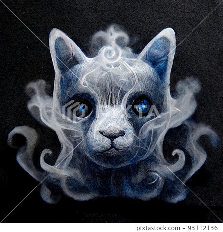 A fantasy magic cat appears out of smoke. Artistic abstract magical animal. Perfect for phone wallpaper or for posters. 3D Rendering. A fantasy magic cat appears out of smoke. Artistic abstract magical animal. Perfect for phone wallpaper or for posters. 3D Rendering. 93112136