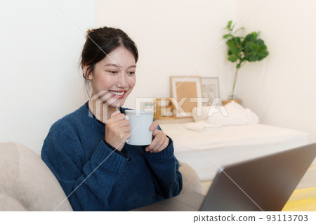 Lifestyle concept. Happy young woman using laptop at home. Lifestyle concept. Happy young woman using laptop at home. 93113703