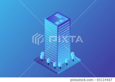 Smart city or intelligent building isometric vector concept. Modern smart city urban planning and development infrastructure buildings Smart city or intelligent building isometric vector concept. Modern smart city urban planning and development infrastructure buildings 93114487