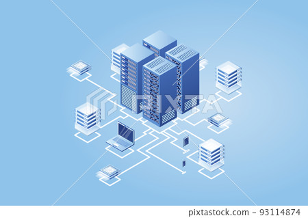 Concept of data network management .Vector isometric map with business networking servers computers and devices 93114874