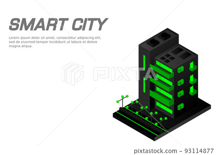 Smart city or intelligent building isometric vector concept. Modern smart city urban planning and development infrastructure buildings Smart city or intelligent building isometric vector concept. Modern smart city urban planning and development infrastructure buildings 93114877
