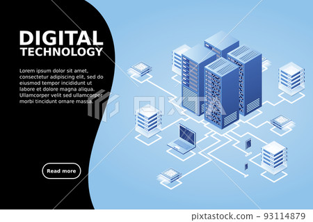 Concept of data network management .Vector isometric map with business networking servers computers and devices 93114879