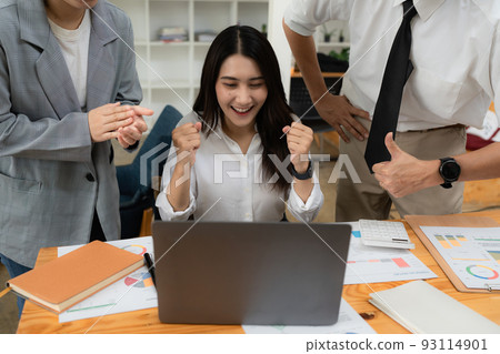 Group of business celebrate while project is success at office. back to office and finance concept. Group of business celebrate while project is success at office. back to office and finance concept. 93114901